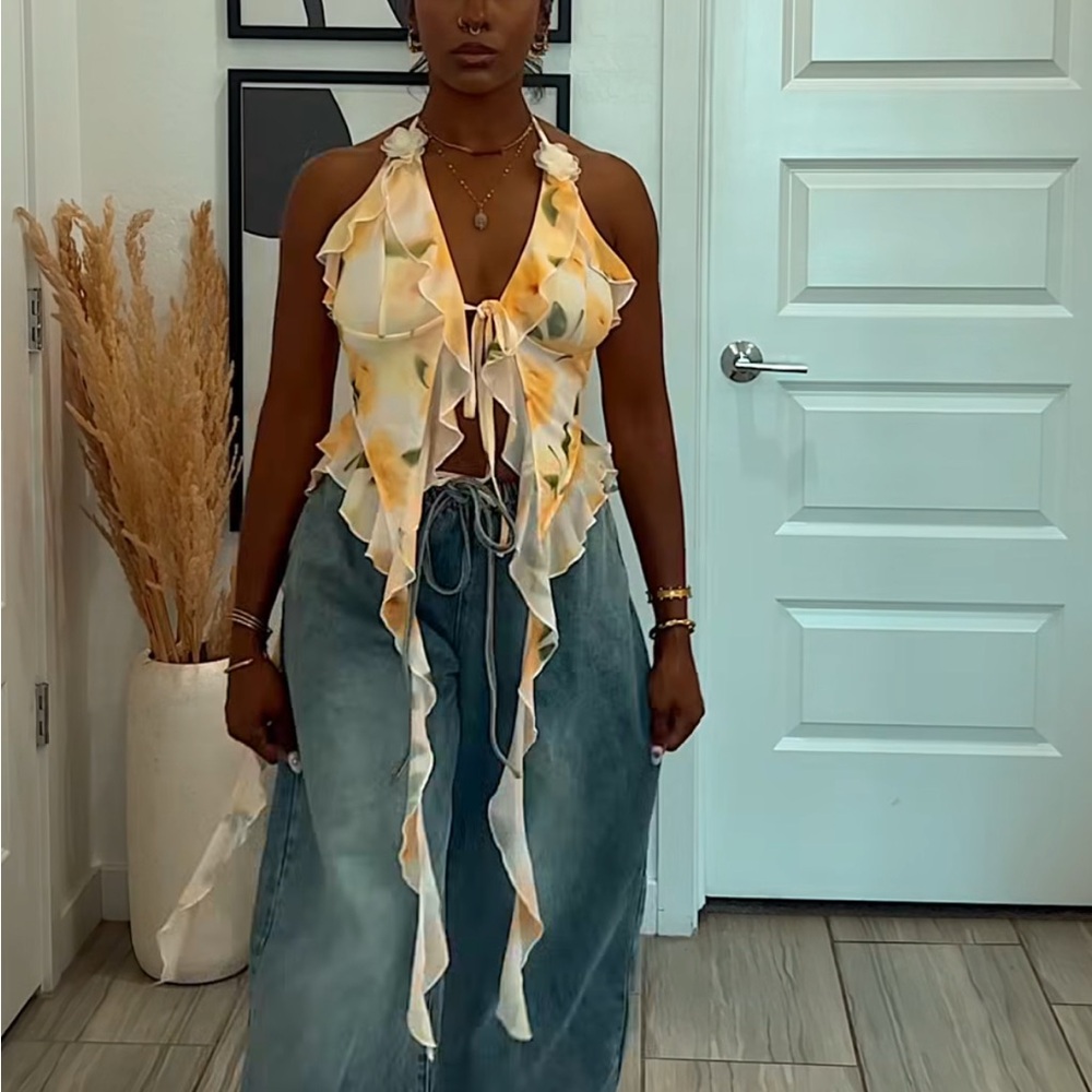 SHEIN Yellow Floral Halter Blouse